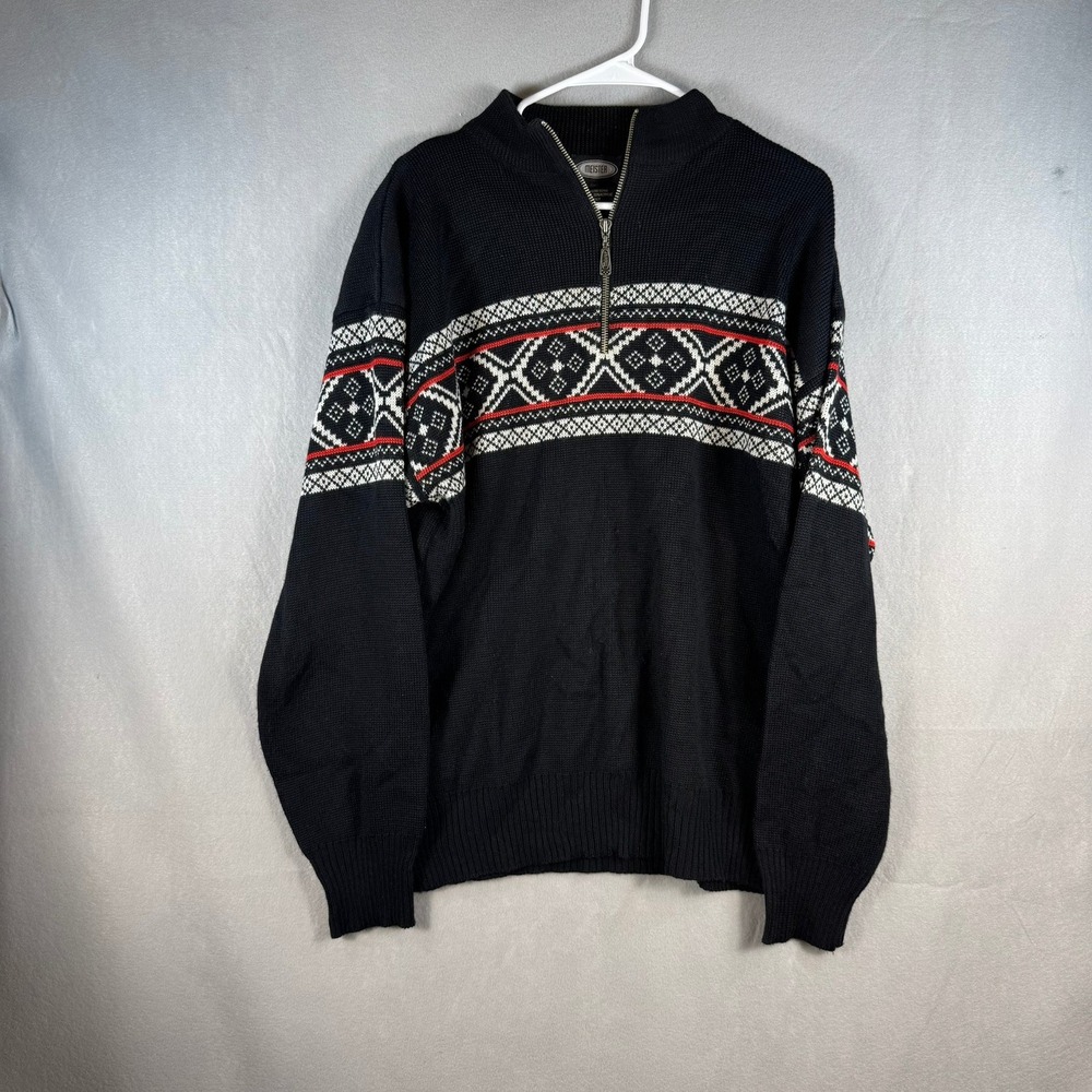 Meister Mens XL Black Wool Blend Quarter Zip Fair Isle Nordic Ski Sweater